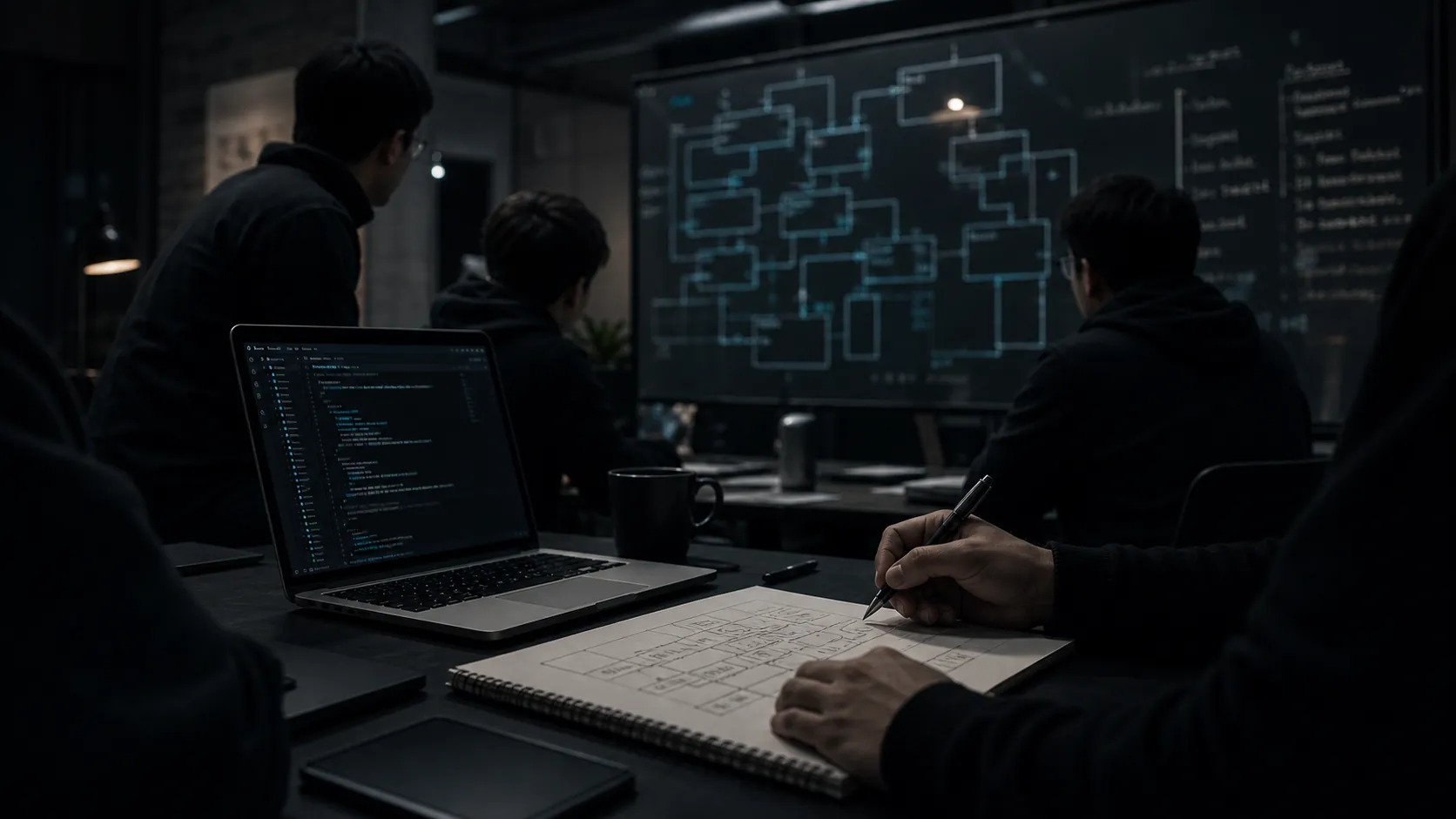 Art-direction placeholder showing a small engineering team planning a software architecture